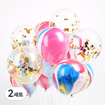 파티해 마블 컨페티 풍선 15p + 손펌프 랜덤발송 +컬링리본 + 스펀지닷 세트, 레인보우, 2세트