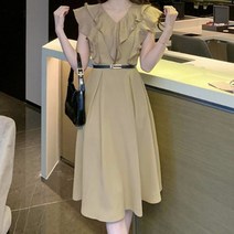 페이퍼먼츠 브이넥 프릴 레이어드 벨트 미디 원피스 04905