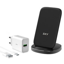 스카이 필 W3 아이언 플러스 고속 무선충전기 15W + USB C 충전 케이블 + 고속 충전 어댑터 18W 세트, 블랙, 1세트