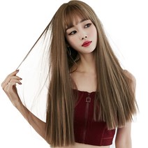 하이유니 풀뱅 스트레이트 펌 롱헤어 통가발 58cm + 가발망 + 가발거치대 세트, 허니브라운(가발)