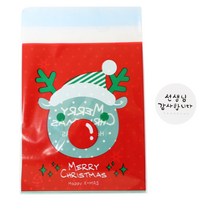 황씨네도시락 접착 레드루돌프 쿠키봉투 100p + 캘리 원형 스티커 선생님 감사합니다 화이트 100p, 1세트
