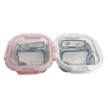 위녹스 칸칸이 나눔찬통 정사각 2칸 밀폐용기 500ml x 2p, 1세트, 용기 핑크 + 화이트