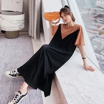 레몬소울 홀리 옆트임 배색 반팔 롱 원피스