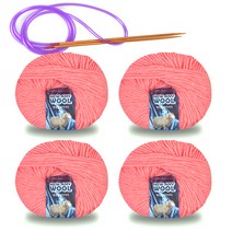 미소털실 뉴 애니 울 털실 50g x 4p + 줄바늘 세트, 1세트, 6006핑크