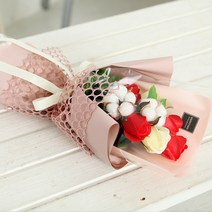 해피365 조화 화이트 목화 비누 장미 꽃다발, 레드(비누꽃), 랜덤발송(리본)