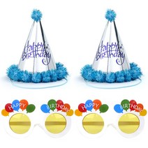 파티팡 솜방울 생일 고깔모자 은박 블루 2p + 생일 풍선 안경 2p 세트, 화이트, 1세트