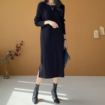 아모르데이 여성용 벨쏘골지 슬림 라운드 롱 베이직 데일리 긴팔 슬릿 트임 니트 원피스