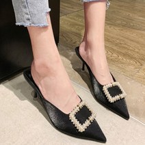 여성용 뿌르 새틴 스퀘어 펄 뮬