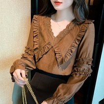 메이첼 레이스 카라 소매 절개 라인 셔링 블라우스 00411