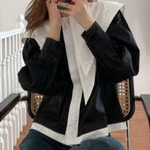 페이퍼먼츠 여성용 세련된 언발카라 투톤 배색 긴팔 셔츠 01256