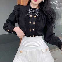비비에모 리본큐트 셔링 금장 단추 블라우스 00768