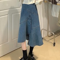 메이첼 언발란스 스판 절개 A라인 롱 데님 청 스커트 00510