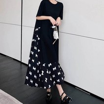 메이첼 빅사이즈 리본 프린팅 언발란스 플리츠 롱 원피스 00548