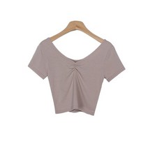 시크블랙 여성용 메빌느 셔링 크롭 반팔 티셔츠 T9377K23