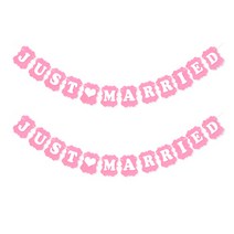 JUST MARRIED 클래식 펠트 가랜드, 핑크 + 화이트하트, 2개