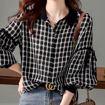 페이퍼먼츠 여성용 가을 겨울 우아한 체크 커프 소매 긴팔 셔츠 02695