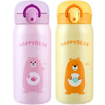 해피베어 원터치 보온보냉병 350ml x 2종 세트, 핑크, 옐로우