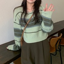 메이첼 여성용 라운드넥 스트라이프 배색라인 긴팔 스웨터 01468