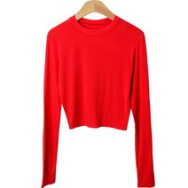 플랜데이 여성용 비비드 스판 쫀쫀 크롭 라운드 긴팔 티셔츠