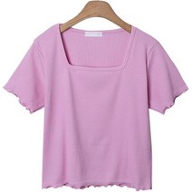 여성용 매뉴가 골지 물결 무지 스퀘어넥 반팔 티셔츠 cpt12353k33