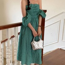 여성용 비비에모 투웨이 오프숄더 셔링 체스트 체크 패턴 써머 원피스 03558