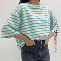 투데이앤룩 여성용 프레쉬 스트라이프 오버핏 반팔 티셔츠