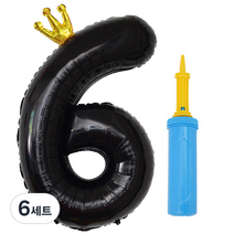 제이벌룬 은박 왕관 숫자풍선 대 6 + 손펌프세트, 블랙(풍선), 블루(손펌프), 6세트