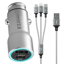디지지 차량용 USB 앤 pd 듀얼시거잭 + 3 in 1 스카이메타 고속 충전 케이블 70cm, 시거잭(YC-2PCU700), 케이블(DGG-530), 메탈실버