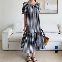 보에리에 여성용 스퀘어넥 체크 반팔 롱 원피스
