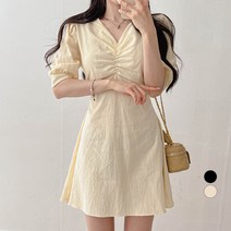 밀키버터 여성용 셔링 리본 반팔 미니 원피스