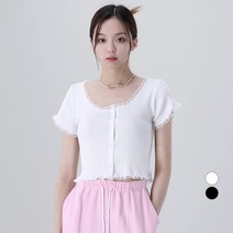 어썸어라운드 여성용 레이스 콩단추 골지 반팔 가디건