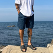 파이브라지 빅사이즈 허리밴딩 와이드핏 핀턱 포인트 워싱 데님 반바지
