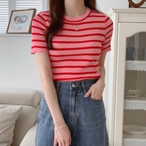 린다샵 여성용 모마루 라운드넥 단가라 골지 반팔 티셔츠 T9751K25