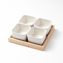 키올리 도자기 소분 정사각 반찬 접시 4p + 우드 트레이 세트, 접시 4p + 트레이, 매트 화이트, 1세트
