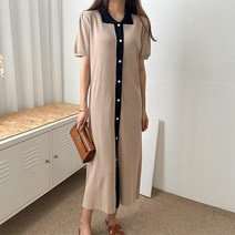 여성용 데일리 카라넥 반팔 니트 배색 버튼 롱 원피스
