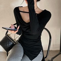 레몬티 여성용 슬림핏 입술넥 셔링 긴팔 티셔츠 lkf22552