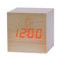텐교 디지털 LED 무소음 나무무늬 탁상시계 우드큐브, 옐로우 + 레드(00762)