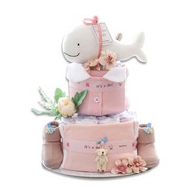 베이비베이커리 기저귀케익 귀욤흰고래 슈트케익 2단 백일 세트, 화이트(흰고래), 핑크(바디슈트, 턱받이, 양말)