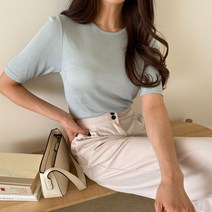 린다샵 여성용 골지 라운드 반팔 티셔츠 T9186K23