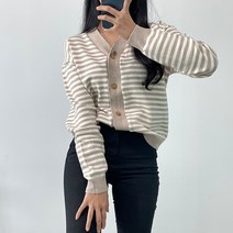 오오엘 여성용 스트라이프 베이직 단가라 가디건