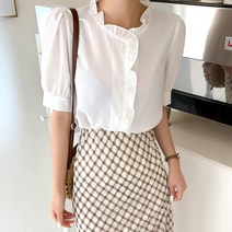 빼빼 여성용 라운드 프릴넥 퍼프소매 반팔 블라우스