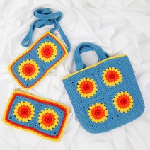 썬라이즈 모티브 미니 토트백 + 크로스백 + 파우치 뜨개질 DIY 패키지, 1세트, 밀키코튼 레드