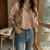 백라인 핀턱 슬릿 새틴 긴팔 블라우스