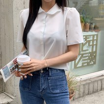 시크블랙 메라드 라인 배색 반팔 블라우스 BL4526K23