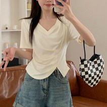 구디프 여성용 무드 사이드 셔링 브이넥 반팔 티셔츠