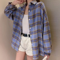 레몬소울 여성용 두렌 퍼프 소매 루즈핏 체크 셔츠