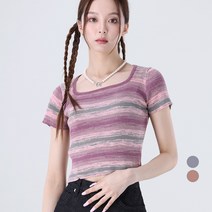 어썸어라운드 여성용 컬러믹스 단가라 스퀘어 크롭 반팔 티셔츠