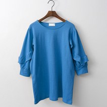 빼빼 여성용 라운드넥 프릴퍼프소매 7부 블라우스