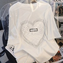 여성용 다유몰 하트 스팽글 반팔 티셔츠 루즈핏 반짝이 RF010