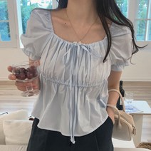 코튼 리본 반팔 블라우스